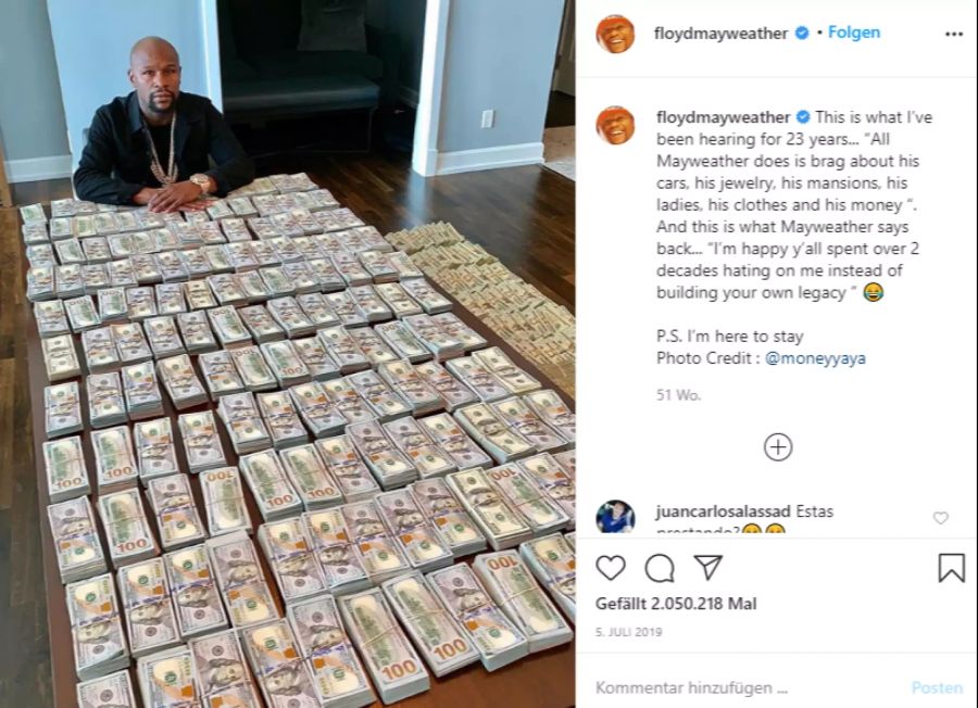 Mayweather zeigt in den sozialen Medien seinen Reichtum.