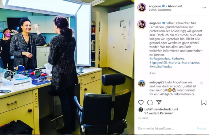 «1 gegen 100»-Moderatorin Angélique Beldner zeigte, wie sie sich schminkt. srf