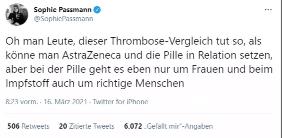 Auch die deutsche Autorin Sophie Passmann stört sich an der Astrazeneca-Panik.