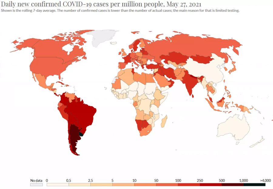 Die Zahl der Infektionen mit dem Coronavirus pro Million Einwohner im 7-Tage-Schnitt. Der Wert ist wesentlich von der Testkapazität des Landes beeinflusst. (Stand: 28.5.)