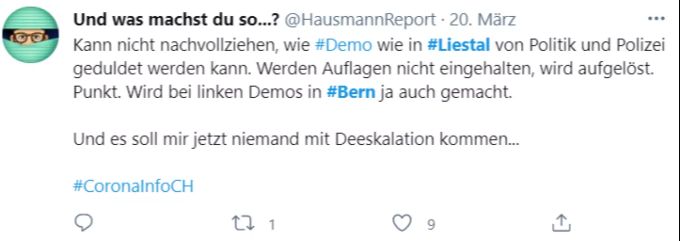 Dieser User versteht nicht, wie die Demo in Liestal geduldet werden konnte. Coronavirus