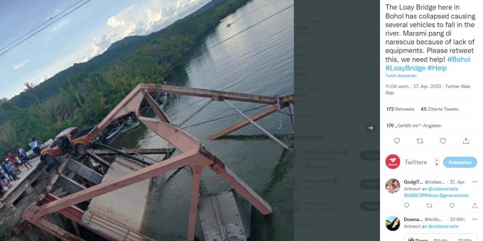 In Bohol, Philippinen, ist eine Brücke eingestürzt. Brückeneinsturz Philippinen