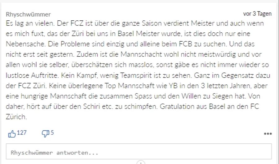 «Rhyschwümmer» bekommt für seinen Kommentar viel Zuspruch.