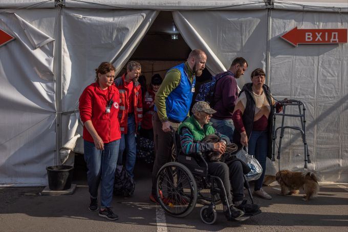 Evacuated people from the steel plant Azovstal, Mariupol city and the surrounding areas arrive at the evacuation point in Zaporizhzhia
