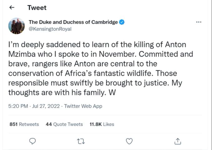 Prinz William meldet sich auf Twitter zum Tod des Rangers. Prinz William