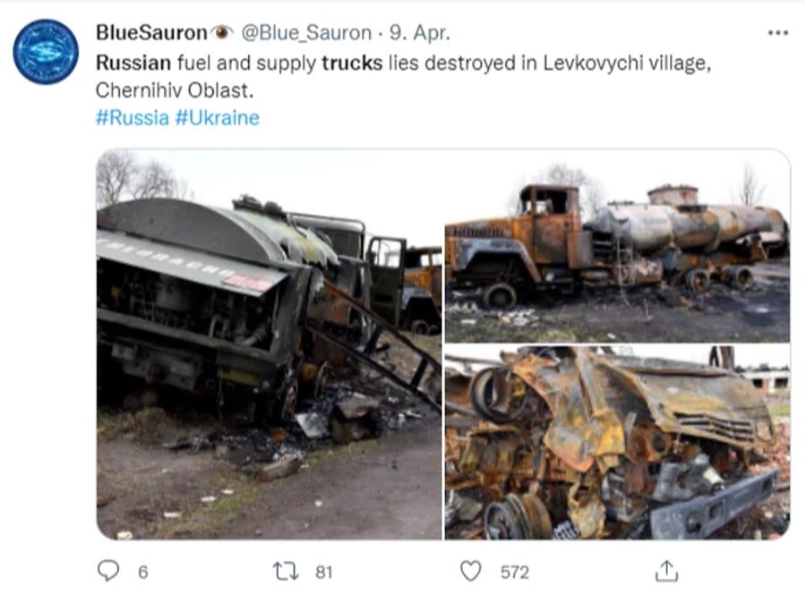 Mehrere kaputte Russen-Lastwagen in der Ukraine.
