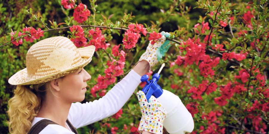 Frau mit Sprühflasche im Garten