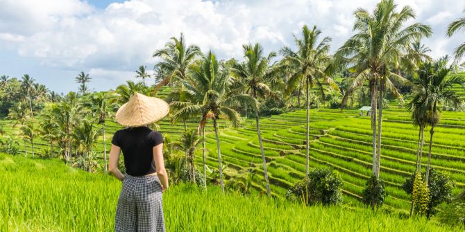 Frau schaut in die Reisefelder von Bali.