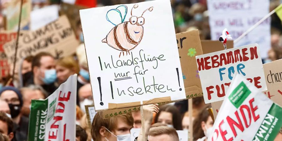 Eine Demonstrantin hält auf der Klimastreikdemonstration von «Fridadys For Future» (FFF) eine Plakat mit der Aufschrift «Inlandsflüge nur für Insekten» in die Höhe. Die Aktivisten fordern sozial gerechte und effektive Massnahmen, um den globalen Temperaturanstieg auf 1,5 Grad Celsius zu begrenzen. Foto: Markus Scholz/dpa