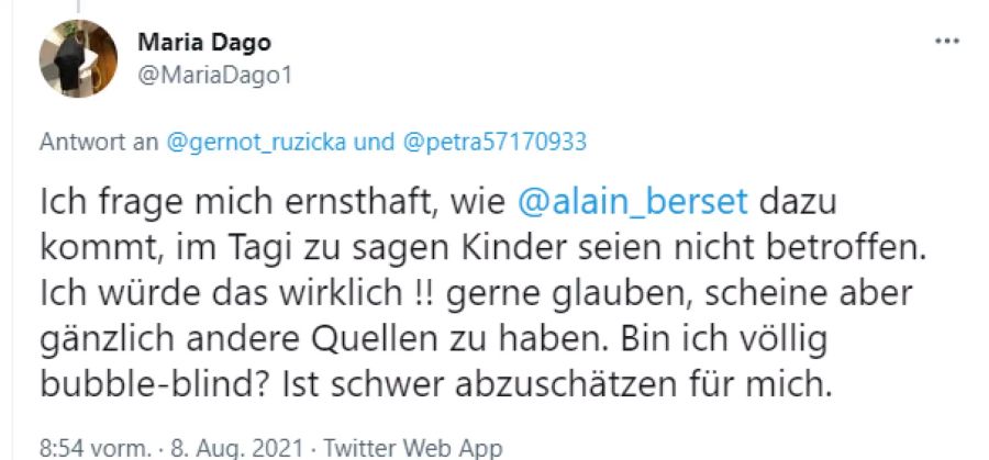 Twitter-User Mario Dago fragt sich, «wie Alain Berset dazu kommt, im Tagi zu sagen, Kinder seien nicht betroffen».