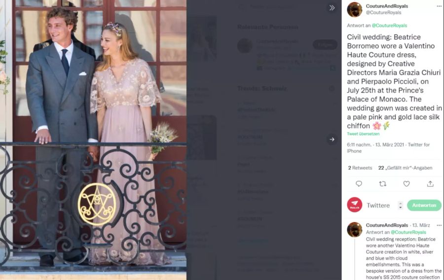 Pierre Casiraghi und Beatrice Borromeo bei ihrer standesamtlichen Hochzeit. Sie trug dabei ein Haute-Couture-Kleid von Valentino.