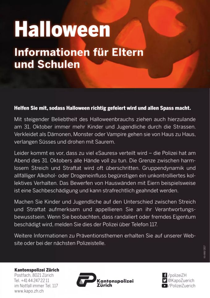 Mit diesem Flyer will die Kantonspolizei Zürich Eltern und Kinder sensibilisieren. Halloween