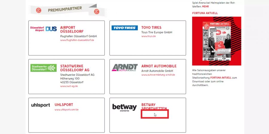 Anders als bei den anderen Sponsoren fehlt unter dem Logo von «Betway» die Verlinkung.