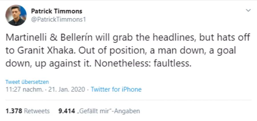 Einer findet: «Hut ab vor Granit Xhaka. Nicht seine Position, ein Mann weniger, in Rückstand. Nichtsdestotrotz: fehlerlos.»