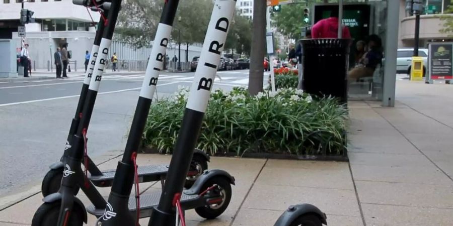 Tretroller mit Elektroantrieb des Anbieters Bird. Sie werden per App freigeschaltet und können überall abgestellt werden. Foto: Magdalena Tröndle/dpa
