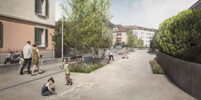 Visualisierung aufgewertete Begegnungszone Breitfeld – mit Grünflächen, Bäumen und Sitzelementen. Breitfeld