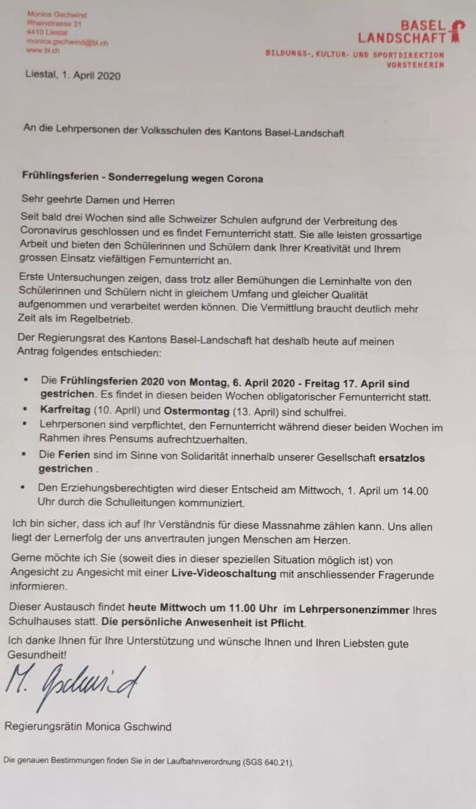 Mit diesem Brief sorgte ein Scherzkeks in Basel-Land für Verwirrung und Ärger. Corona