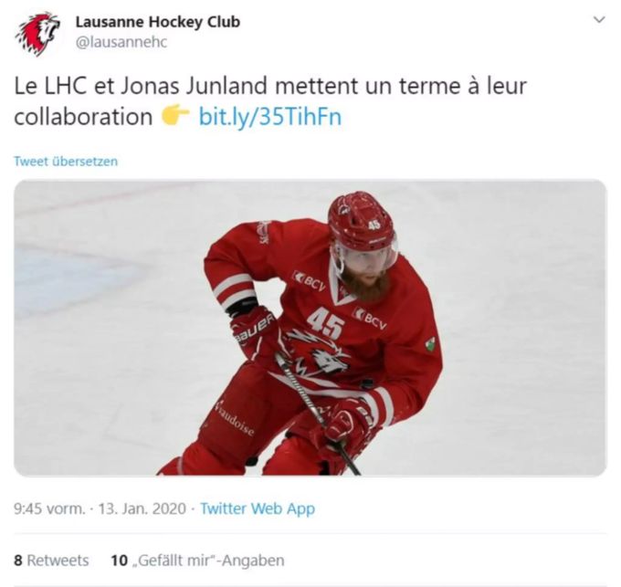 Jonas Junland und der Lausanne HC haben den Vertrag in gegenseitigem Einvernehmen aufgelöst. jonas junland lausanne