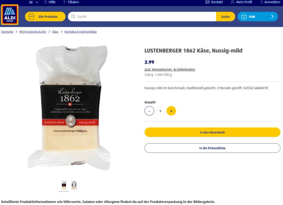 240 Gramm Käse von Lustenberger sind in der Schweiz bei Aldi für 4 Franken zu haben.