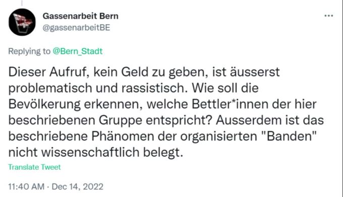 Der Aufruf der Stadt Bern sei «äusserst problematisch und rassistisch», sagt die Gassenarbeit Bern. Gassenarbeit Bettler Bern