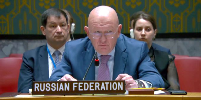 Wassili Nebensja, Ständiger Vertreter von Russland bei den Vereinten Nationen, spricht vor dem UN-Sicherheitsrat. Wassili Nebensja