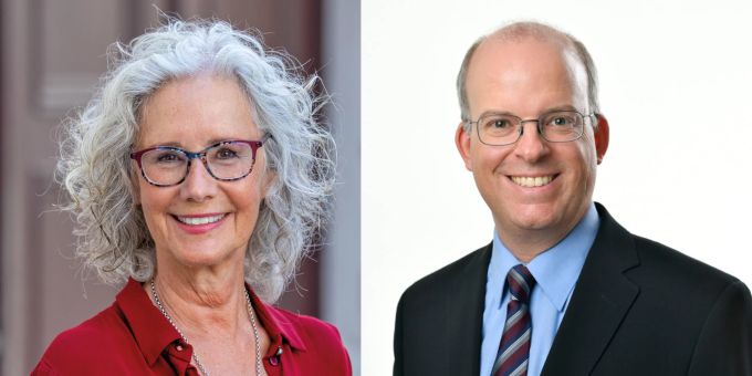 Andrea Strahm (links), Mitte/EVP-Fraktionspräsidentin, und Lorenz Amiet (rechts), SVP Fraktionspräsident im Grossen Rat Basel. basel grosser rat