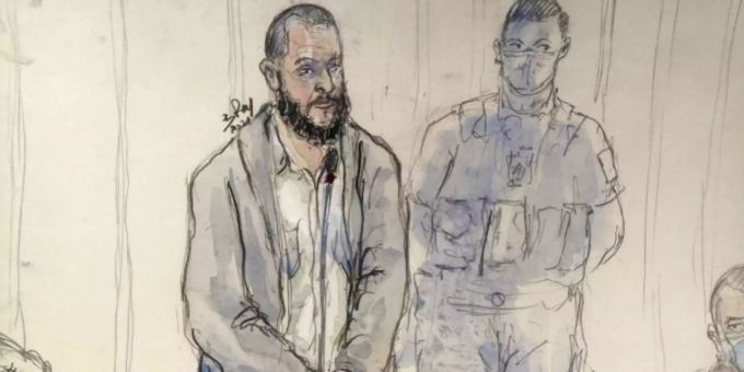 Gerichtszeichnung von Salah Abdeslam. Salah Abdeslam