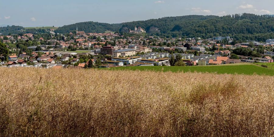 Blick auf Burgdorf mit hinten der evangelisch reformierten Kirche, dem Schloss, der Industriezone im Süden und vorne in der Mitte dem Spital Emmental.