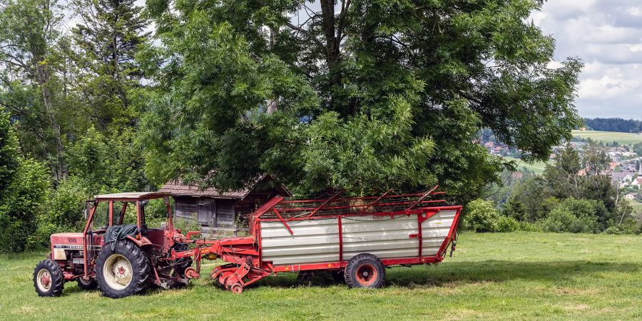 Traktor mit Anhänger auf einer Wiese in Frauenkappelen.