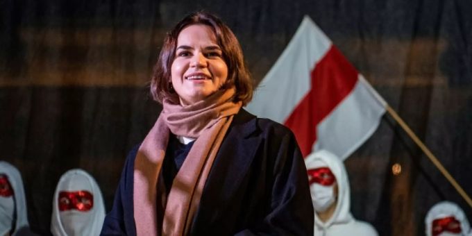 Tichanowskaja bei einer Kundgebung in Berlin Tichanowskaja belarus