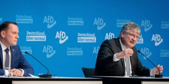 Die Bundesvorsitzenden der AfD, Jörg Meuthen (r.) und Tino Chrupalla. Foto: Kay Nietfeld/dpa Die Bundesvorsitzenden der AfD, Jörg Meuthen (r.) und Tino Chrupalla. Foto: Kay Nietfeld/dpa