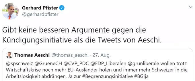 CVP-Präsident Gerhard Pfister Kann die Argumente der SVP für die Begrenzungsinitiative nicht nachvollziehen – eher im Gegenteil. Gerhard Pfister Begrenzungsinitiative Aeschi
