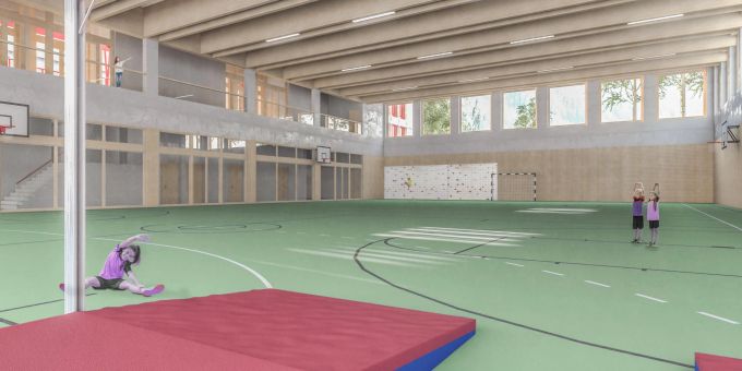Die Sporthalle wird mit grosszügigen Fensterfronten belichtet und eine Boulderwand enthalten. Visualisierung einer Sporthalle