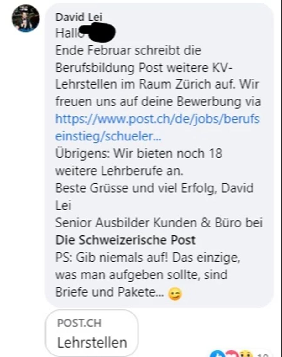 Daraufhin hat sich ein Ausbildner der Post gemeldet – Lea solle sich doch bei ihr bewerben.