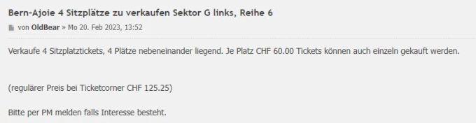 User «OldBear» verkauft seine Tickets für das Spiel des SCB gegen Ajoie. SCB Sitzplatz