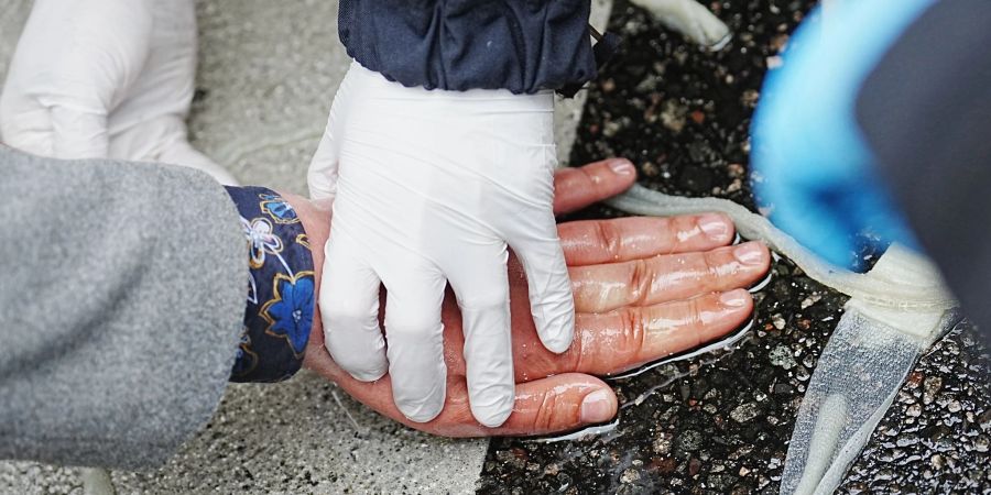 Ein Polizist löst die Hand eines Klimaaktivisten auf einer Strasse im Berliner Bezirk Schöneberg mit Speiseöl.