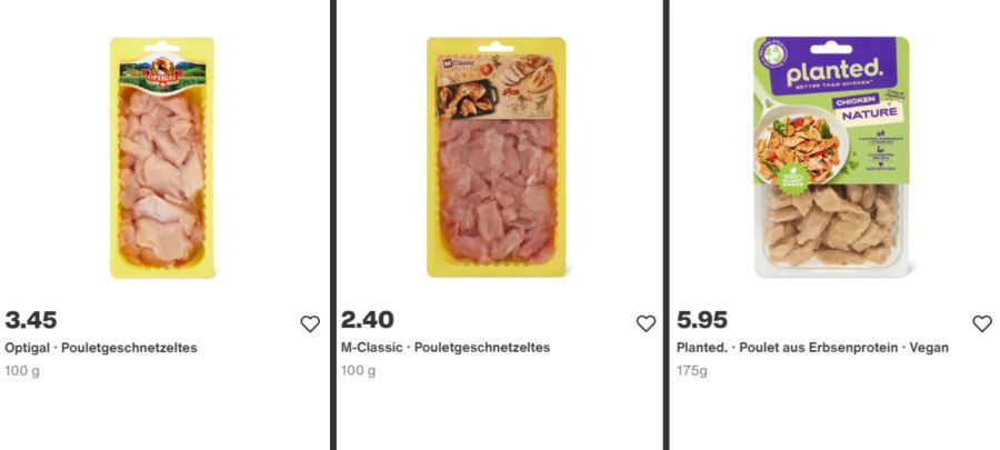 Das ist allerdings nicht mehr nur so. Die Preise von Alternativprodukten fallen. Links: 3,45/100g, Mitte: 2,40/100g, Rechts: 3,40/100g (1/2)