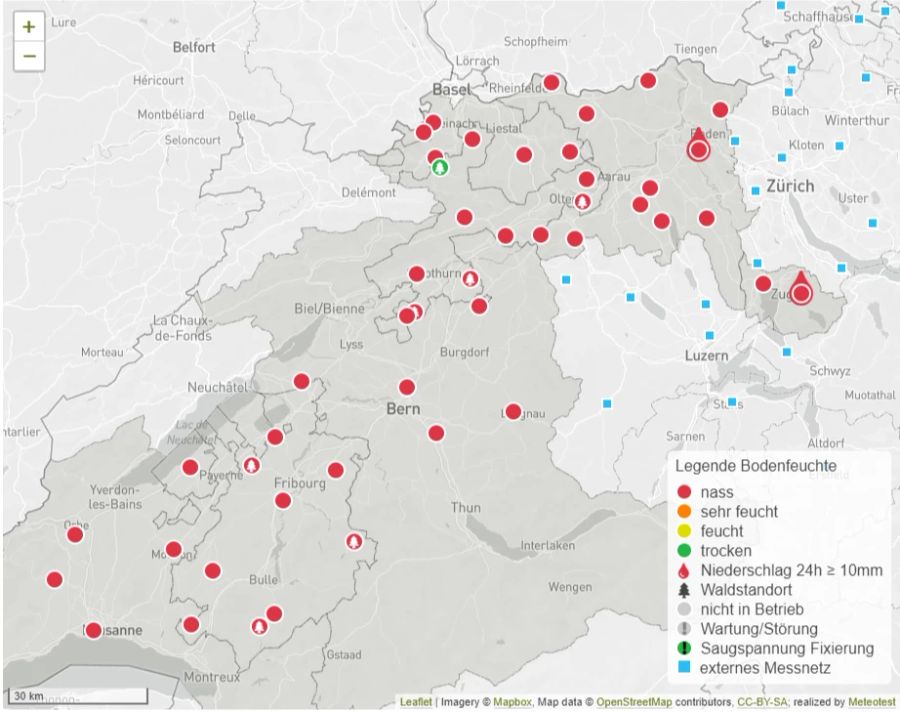 In weiten Teilen der Schweiz sind die Böden nach dem intensiven Regen nass. So etwa in den Kantonen Bern, Fribourg oder Lausanne.