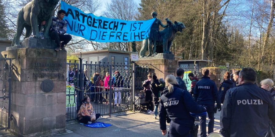 Aktivisten demonstrieren am Nürnberger Zoo gegen die geplante Tötung von Pavianen.