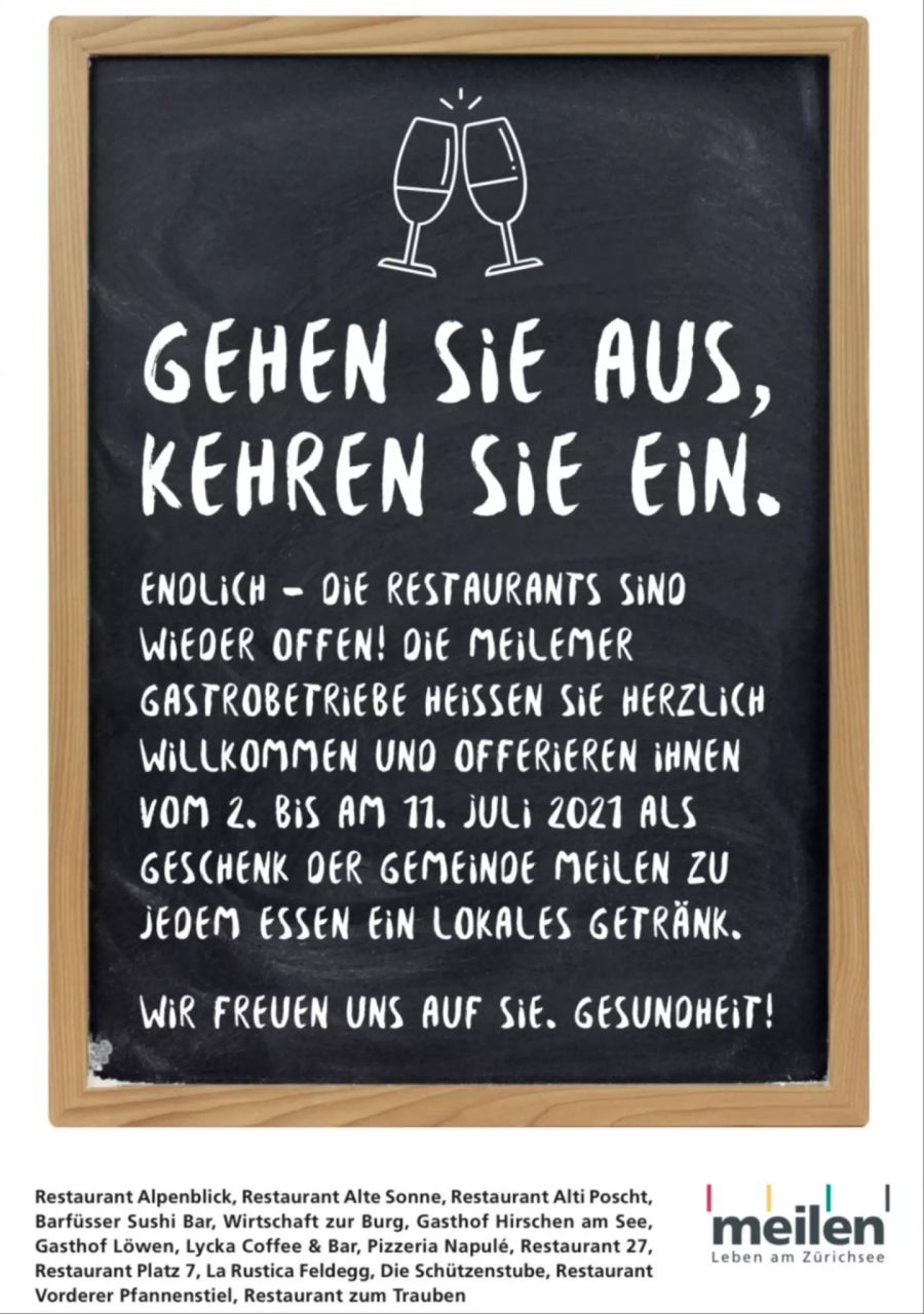 Meilen: Gemeinde-Aktion für das Gastrogewerbe.