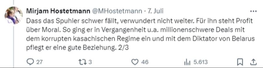 Für Spuhler stehe Profit über Moral, so Hostetmann.