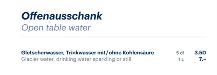 Im Restaurant Crystal zum Beispiel wird auf der Karte nicht deklariert, ob es sich beim sogenannten Gletscherwasser um Hahnenwasser handelt und ob es gefiltert ist.