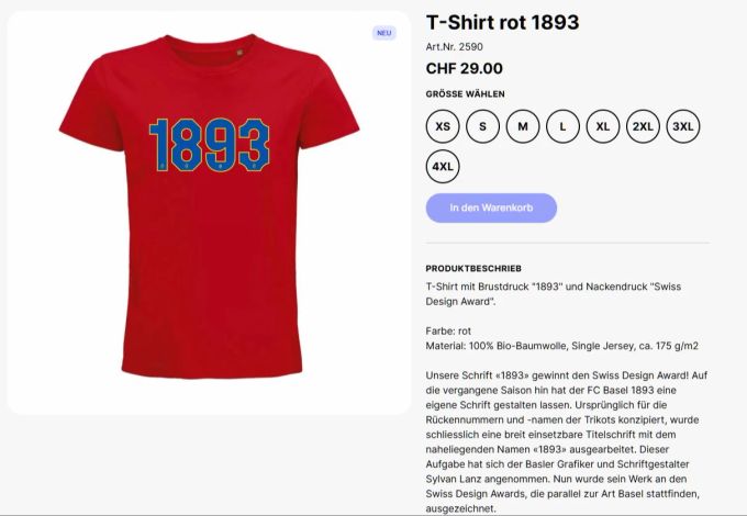Fans des FCB können sich die neuerdings ausgezeichnete Schriftart «1893» als T-Shirt sichern. FC Basel 1893 Schriftart