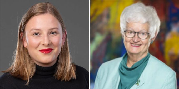 Pia Hollenstein (rechts) vom Vorstand der Klimaseniorinnen freut sich über den Vorstoss der Grünen Wiler Stadtparlamentarierin Meret Grob (links). Meret Grob Pia Hollenstein
