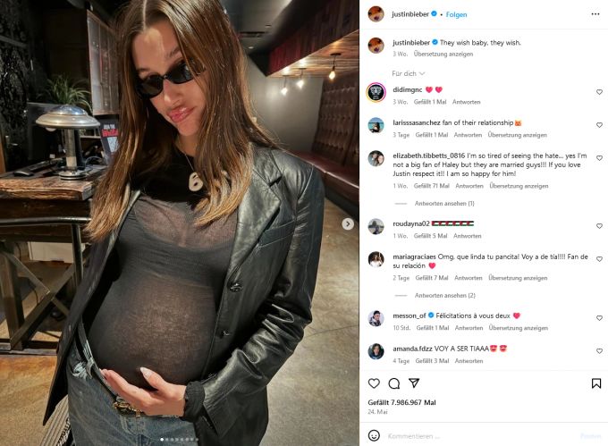 Hailey Bieber mit Schwangerschaftsbauch auf einem ihrer Instagram-Schnappschüsse. hailey bieber