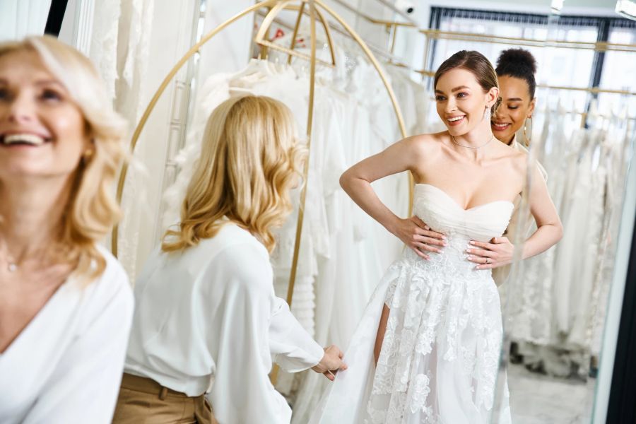 hochzeit, anprobe, kleid, spiegel