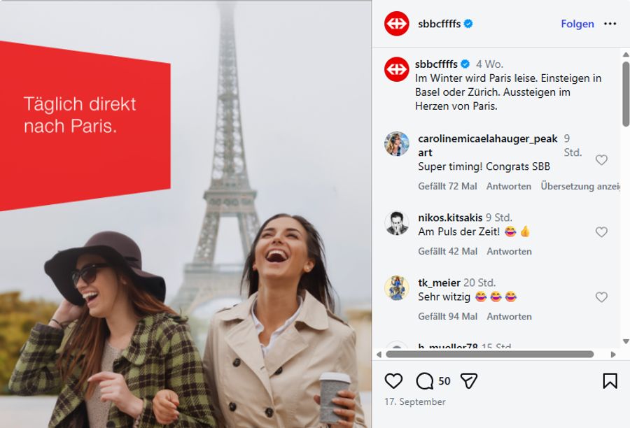 Aufgrund der aktuellen Lage in Paris sorgt die Werbung der SBB für Spott.
