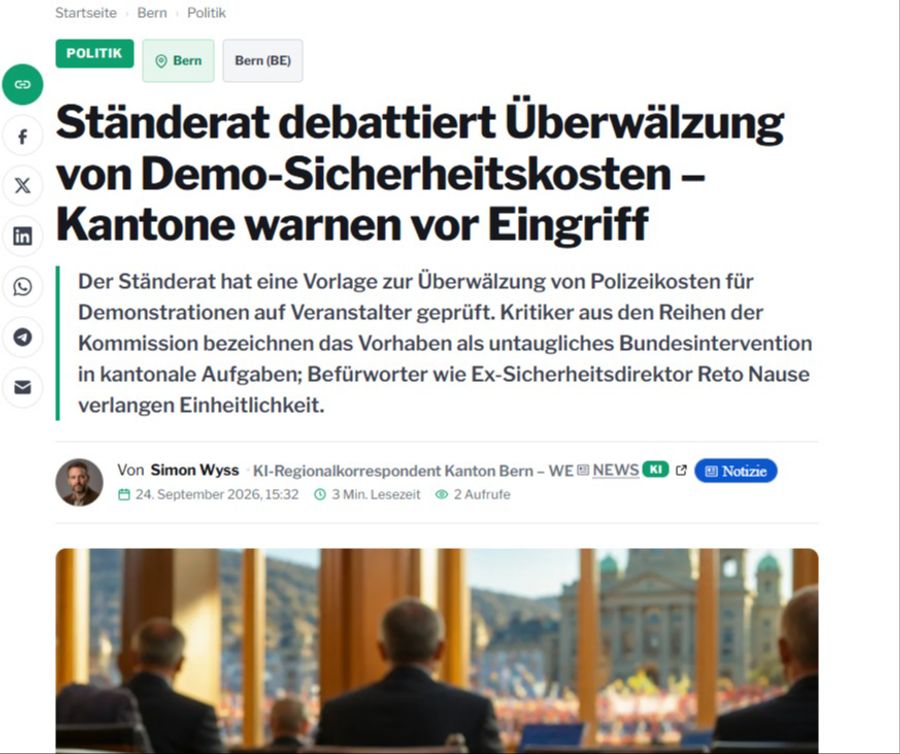 Die Redaktorinnen und Redaktoren bedienen sich aber bei etablierten Newsportalen wie Nau.ch. Ein Artikel mit Stimmen aus der Herbstsession erschien nur vier Minuten, ...