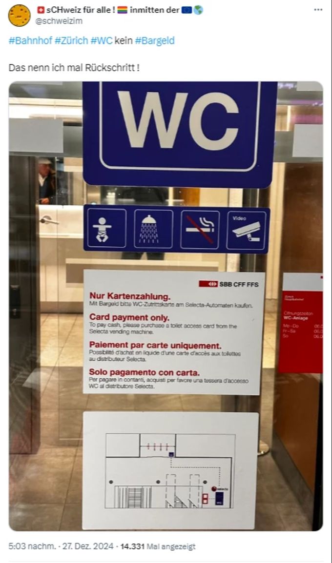 Die Abschaffung des Bargelds am Zürcher Bahnhofs-WC der SBB sorgt für Kritik. SBB