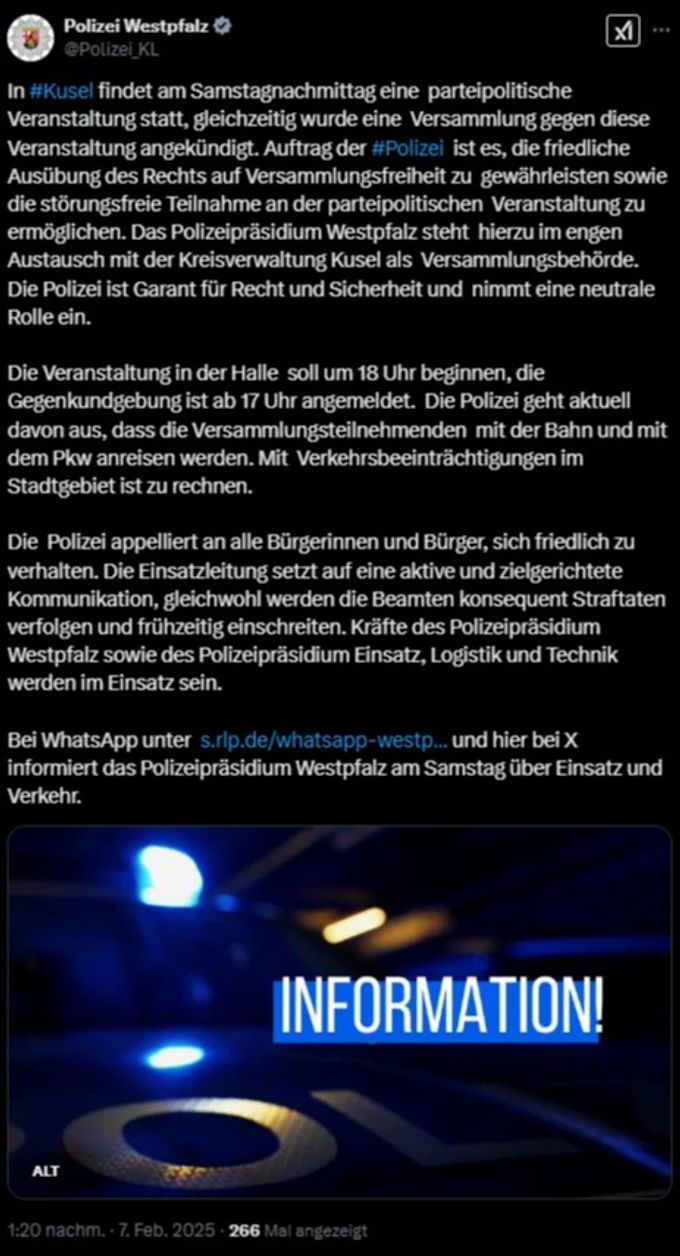 Die Polizei appelliert vor dem Auftritt von Alice Weidel an alle Bürger sich friedlich zu verhalten. Weidel Kusel Polizei Tweet